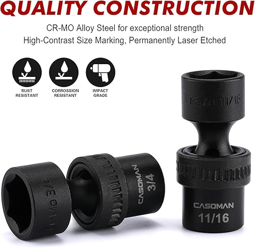 Miniatura 6 de CASOMAN Juego de dados de impacto universal poco profundos de 12 piezas, SAE, 516"-1", CR-MO, enchufe giratorio