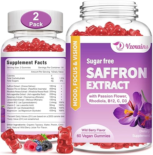 Paquete de 2 gomitas de azafrán sin azúcar, suplemento de azafrán con flor de la pasión, Rhodiola, Ashwagandha, vitamina B12 y D3, visión ocular,