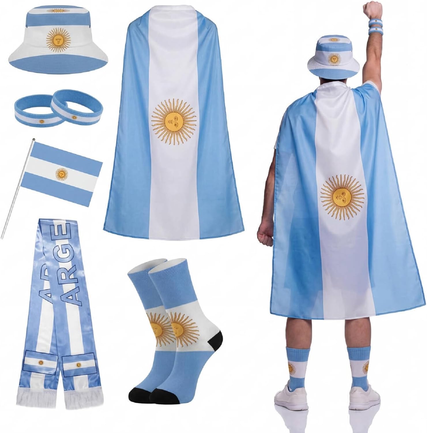 Newcotte 2026 Soccer Fan Support Kit 3x5 ft Soccer Country Flag with Patriotic Country Cape Socks Scarf Hat Wristbands Hand Wave Flag for Sport Party Fans Cheering Accessories