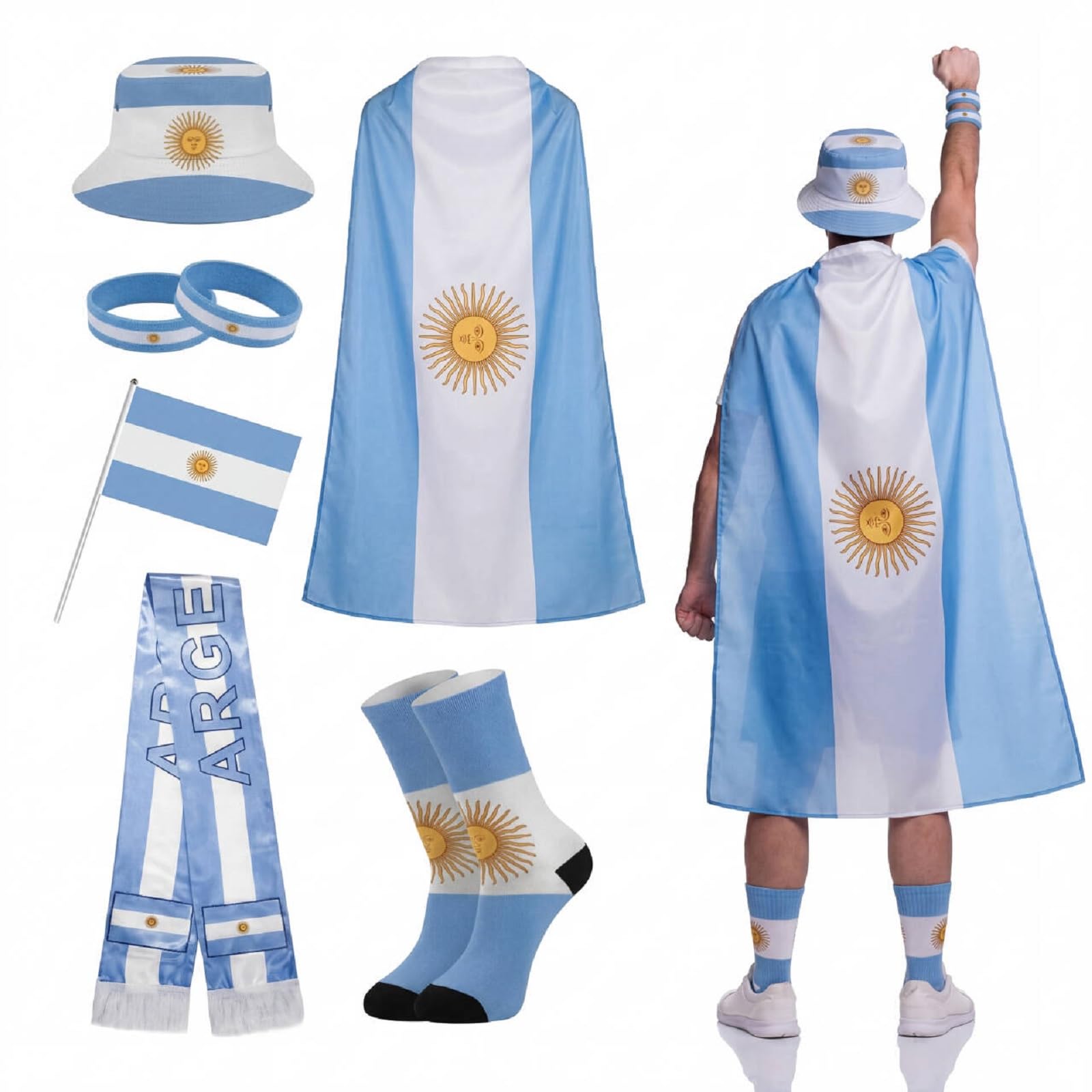 7 Pcs 2026 Soccer Fan Kit with Flag Cape Hat Scarf Sock Argentina