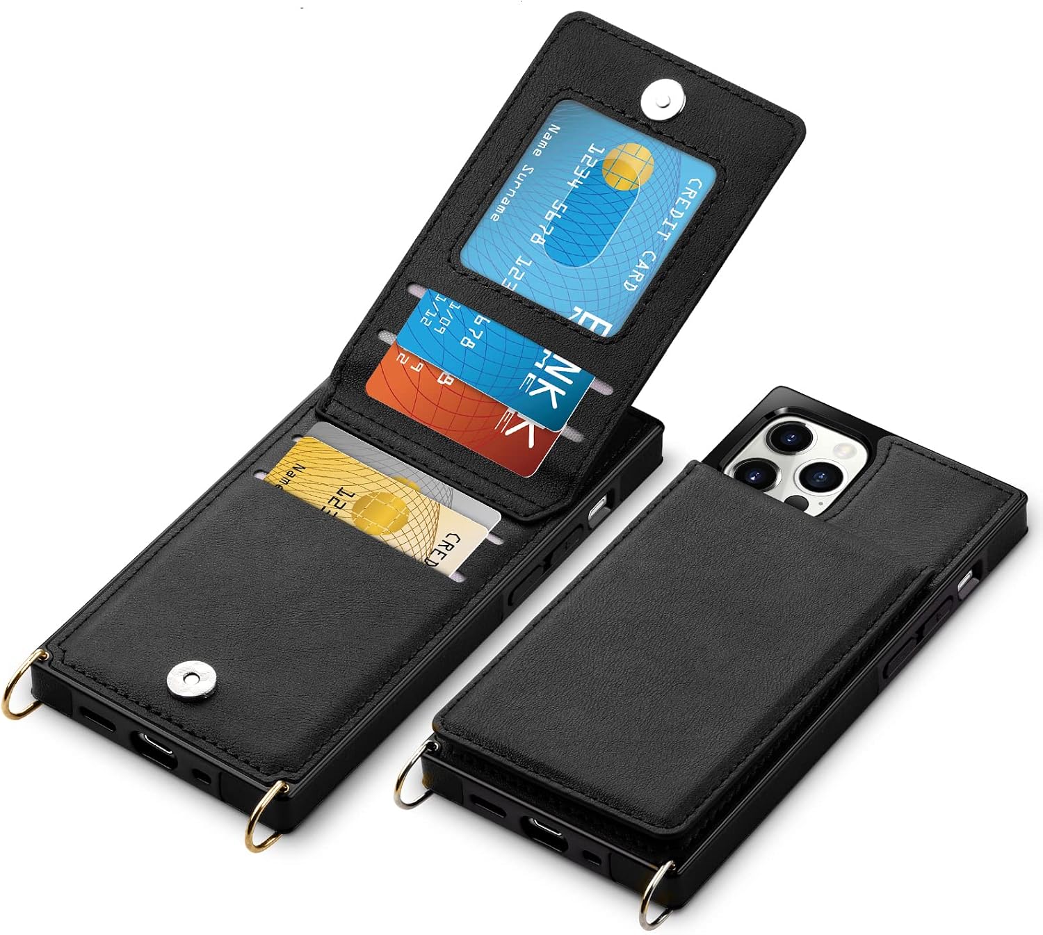 Vofolen Compatible with iPhone 12 Wallet Case iPhone 12 Cover with Credit Card Holder Lanyard Crossbody Strap Leather Magnetic Clasp Kickstand Heavy Duty Protective Square Flip Cover Black