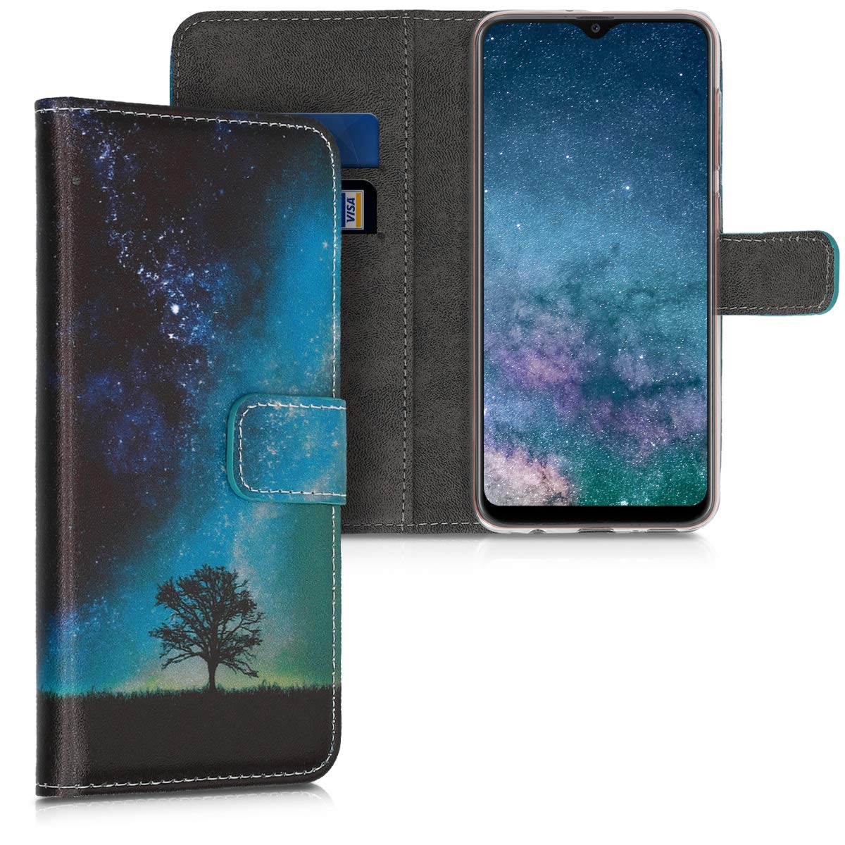 kwmobile Wallet Case Compatible with Samsung Galaxy A20 - Case Faux Leather Cover - Cosmic Nature Blue/Grey/Black