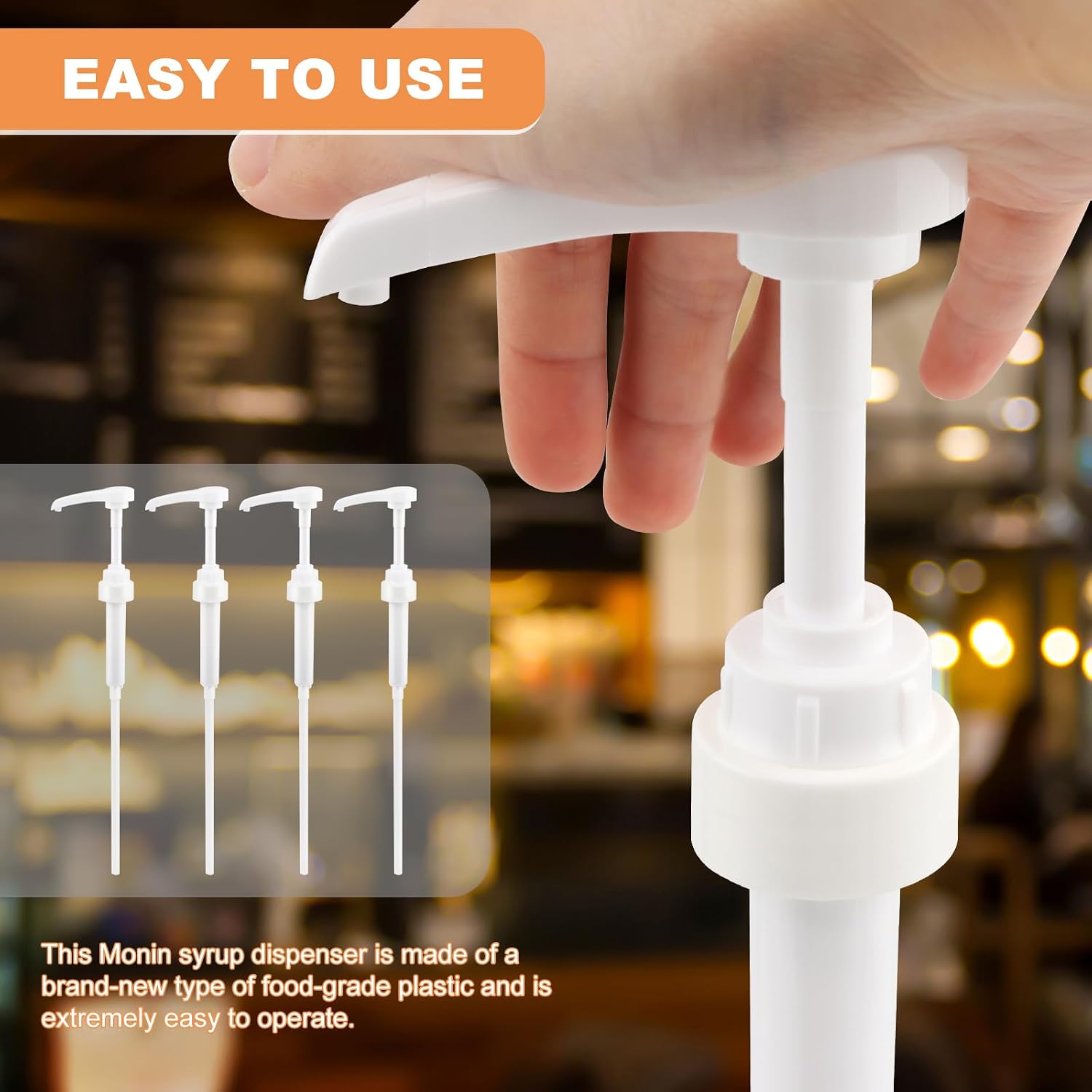Coffee Syrup Pump for Monin Glass 750ml Bottle, 10 ml Per Precise Dispensing with Leak-Reducing Spout, Includes 4 Pumps, 6 Tip Covers and 2 Spoons, for Coffee Bar and Kitchen