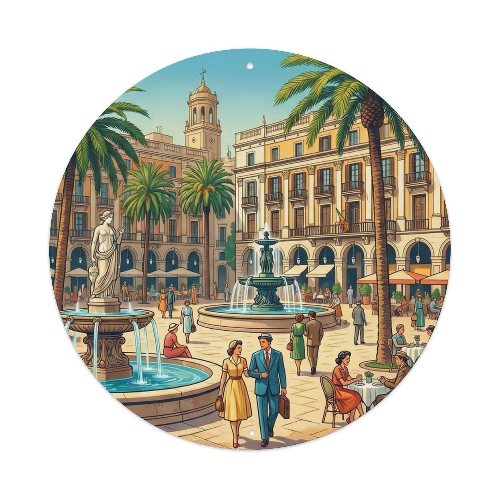 Barcelona Plaza Sightseeing Retro Travel Spanish Cityscape Metal Tin Sign Plaque Wall Decor for Cafe, Man Cave, Club Bar, Office, Home Garden Round Metal Poster 8x8Inch