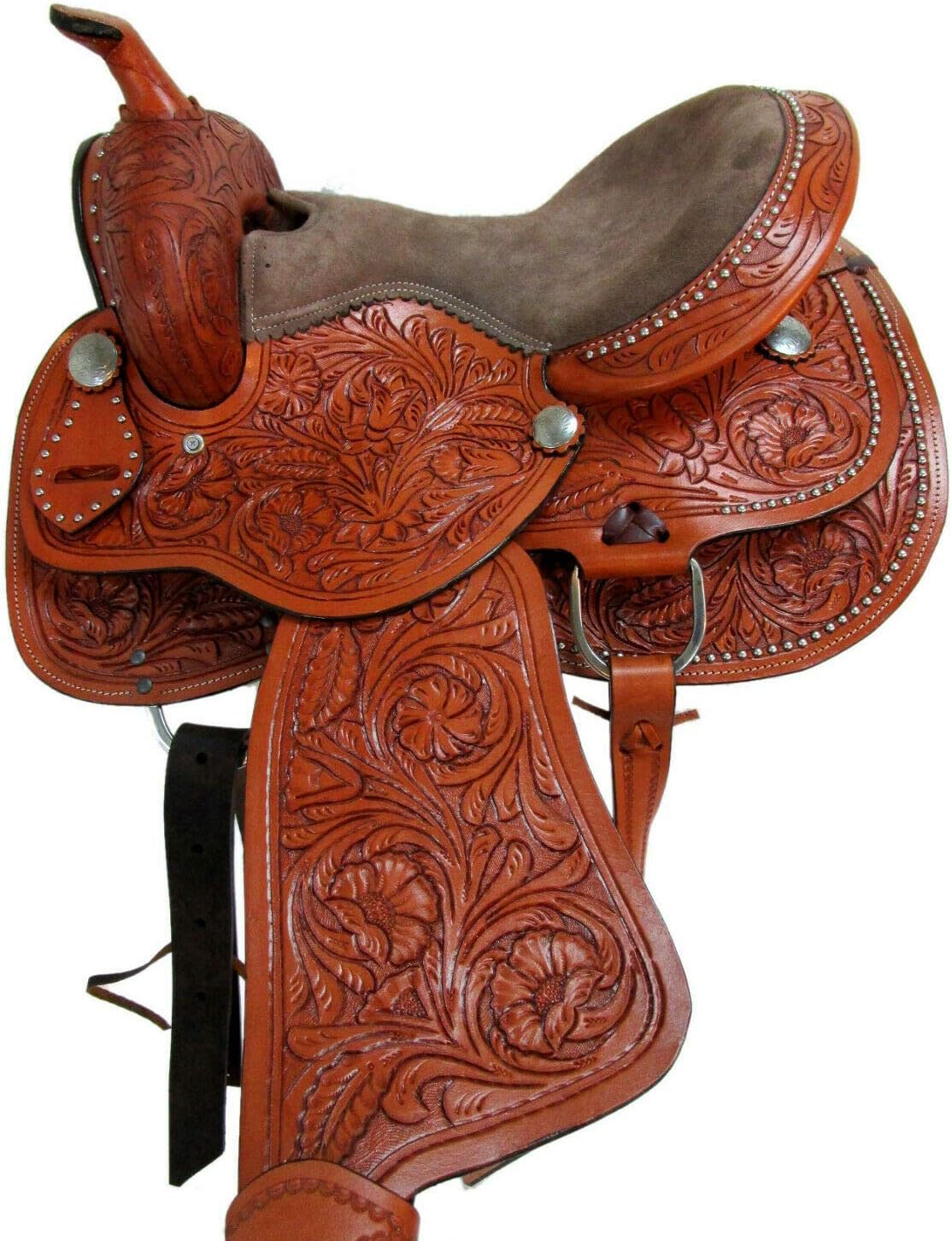 Barrel Horse Saddle Western Racing Handmade Premium Leather Comfort Riding Trail Equestrian Tooled Carved Get Matching Headstall, Breast Collar & Reins Size: 10-18 inches, MO-UMC-121