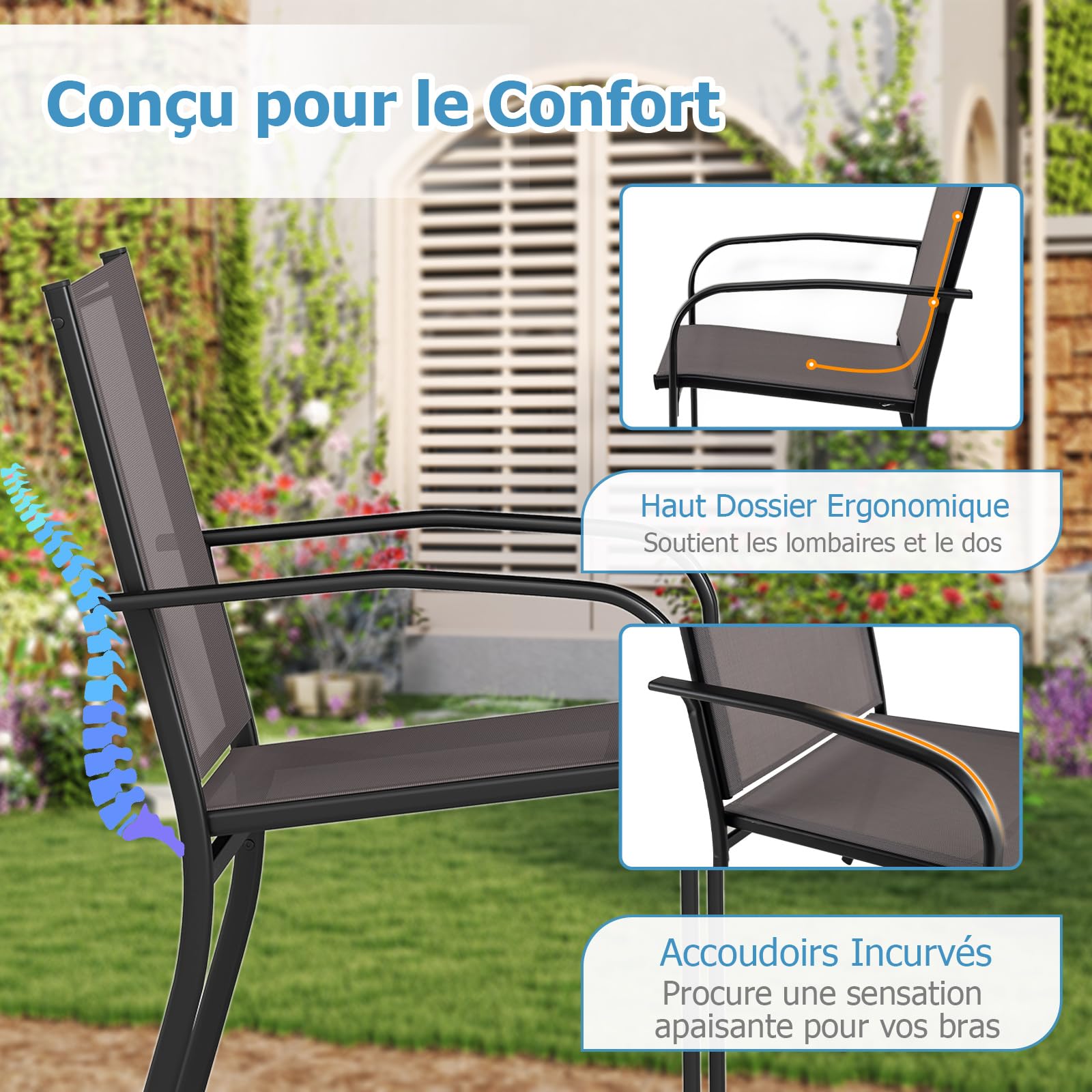 COSTWAY Lot de 2/4 Chaises de Jardin Exterieur Empilable, Chaise de Salle à Manger, Tissu Respirant, Dossier Haut, Cadre en Métal, Fauteuil Exterieur pour Jardin Terrasse Balcon, Charge 150 kg (4)
