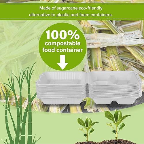 Miniatura 4 de Recipientes de alimentos de 9 x 9 pulgadas, paquete de 100 recipientes desechables para llevar con 3 compartimentos, cajas compostables para llevar,