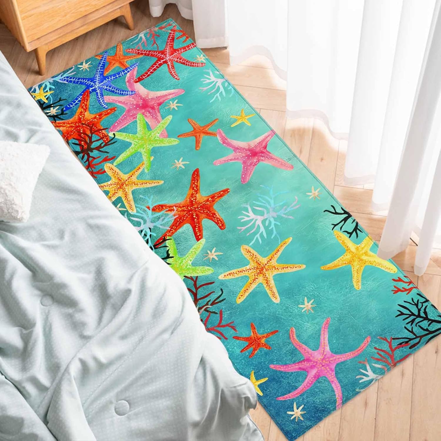 Teamery Kitchen Mats for Floor Summer Ocean Colorful Starfish Washable Non Slip Kitchen Rugs 1PCS, Seaside Abstract Coral Absorbent Standing Mats for Sink Bathroom Office Living Room 15.7x47.2in
