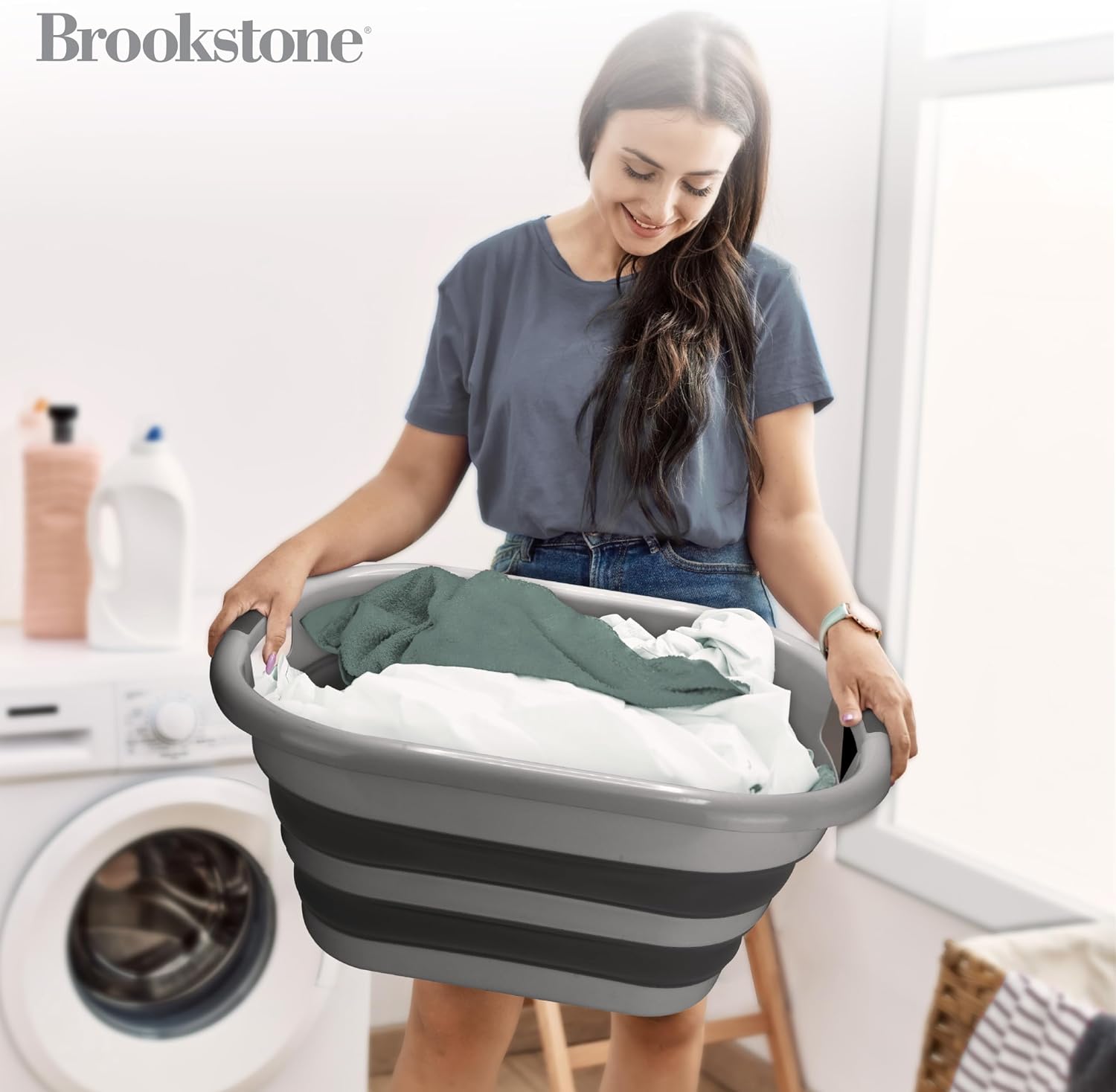 BROOKSTONE 11 GALLON XL 24" Collapsible Laundry Basket & Clothes Hamper, Comfort Non-Slip Handles, Modern Laundry Hamper with Space Saving Design, Portable Pop-Up Hamper, BPA FREE, Grey/Black, 1 Pack