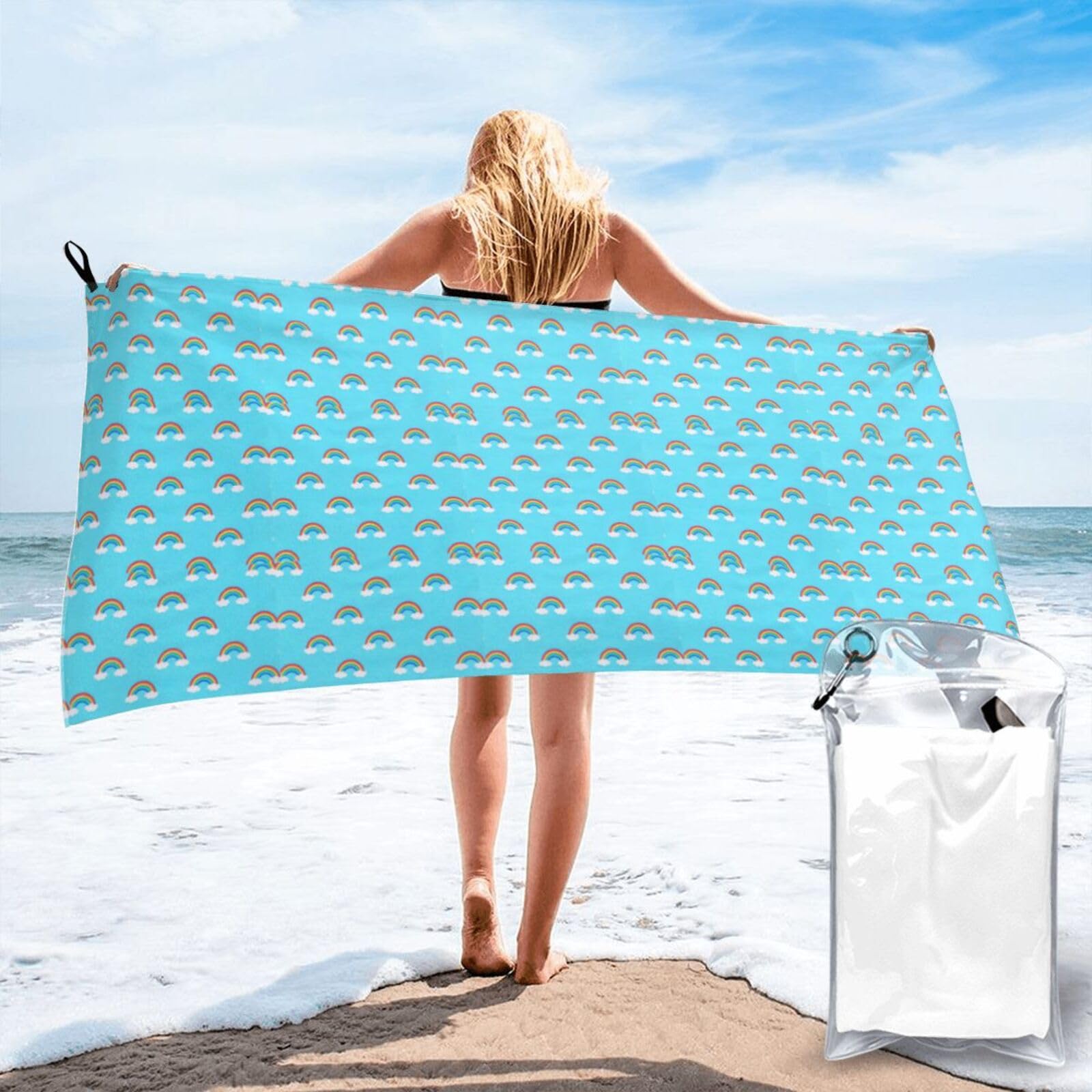 JBJGKHLP Rainbow Clouds Raindrop Print Quick Dry Portable Towel For Beach Camping Hiking Yoga Fitness Outdoor Adventures