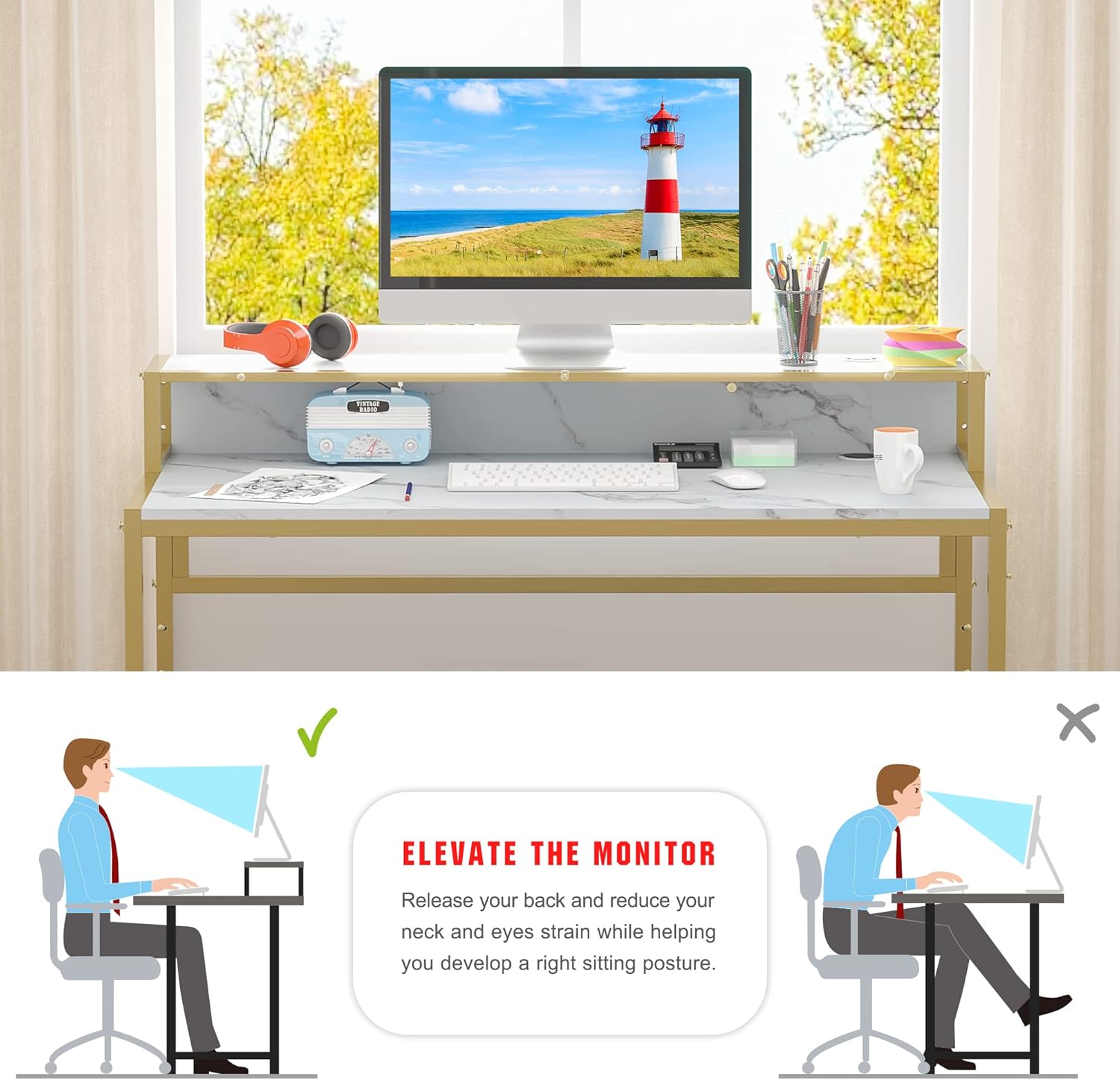 Teraves Computer Desk with 5 Tier Shelves,Reversible Writing Desk with Storage 49 Inch Study Table for Home Office Independent Bookcase and Desk for Multiple Scenes (White Marbling+ Gold Frame)