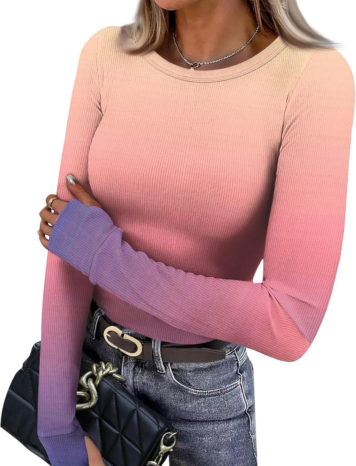 slqdgmryz Womens Long Sleeve Tops Casual Knit Fitted Spring Shirts Basic Lightweight Business Work Blouse with Thumb Holes