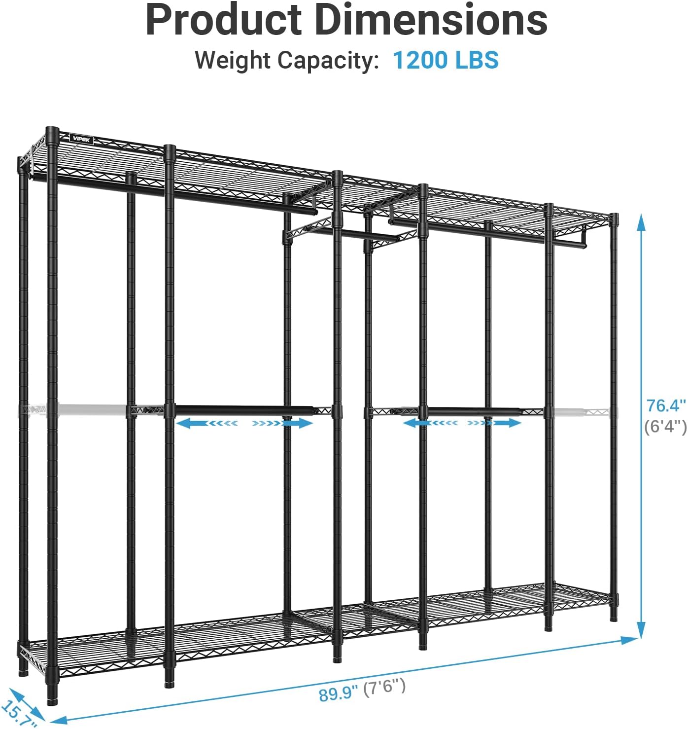 VIPEK V50 Basic Expandable Clothes Rack, Heavy Duty Closet System, Black | Freestanding, 5 hanging rods (2 extendable), 6 wire shelves, for Bedroom or Walk-in/Reach-in closet storage, 1200 lb Capacity