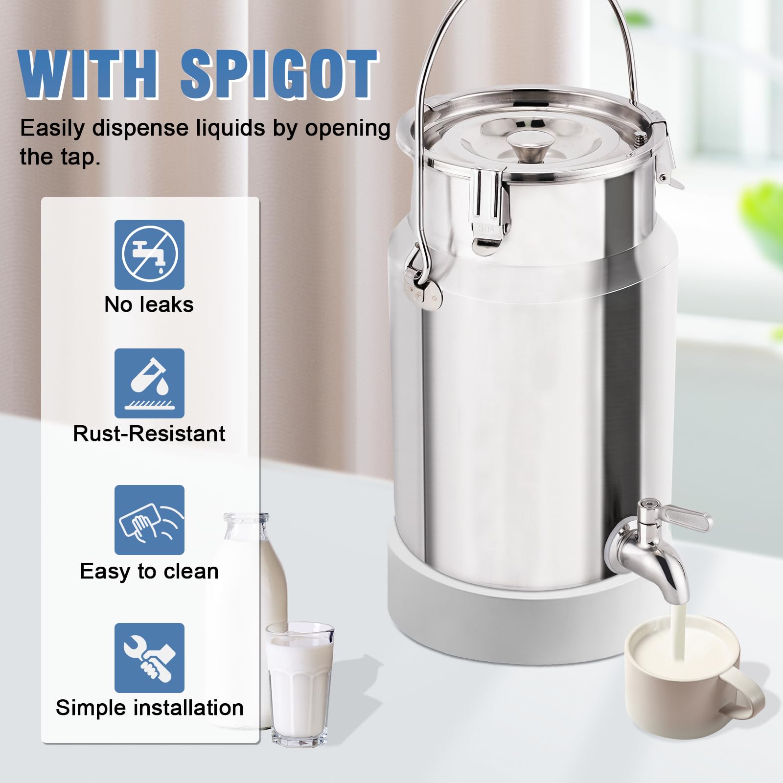 YUCHENGTECH Bidon à Lait en Acier Inoxydable 304 Seau de Transport de Lait 5L avec Couvercle et Robinet Scellés Pot à Lait Bidon à Huile/Lait Bidon à Lait Hermétique Seau à Lait en Acier Inoxydable