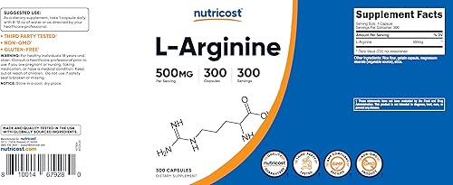 Miniatura 6 de Nutricost L-Arginina 500 mg, 300 cápsulas - Sin gluten y sin OMG