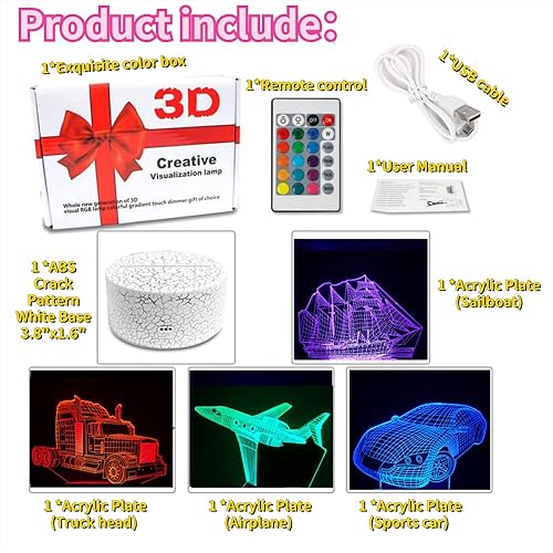 Miniatura 5 de Luz nocturna 3D para automóvil, lámpara de ilusión holograma 3D de 4 patrones, control remoto regulabletáctil inteligente, luz LED que cambia de