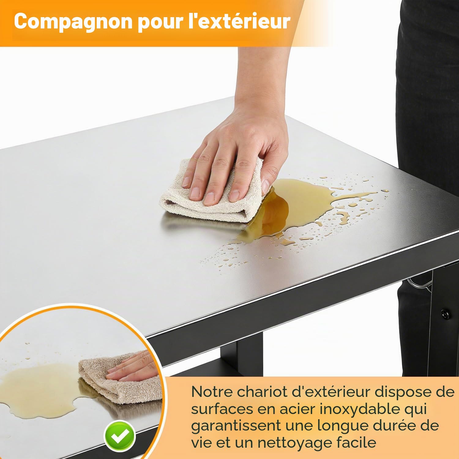 Chariot de barbecue d'extérieur - 2 étagères réglables en hauteur - Étagère à épices et crochets - 84 x 67 x 41 cm - Chariot de cuisine avec roulettes pour barbecue à pizza et cuisine de