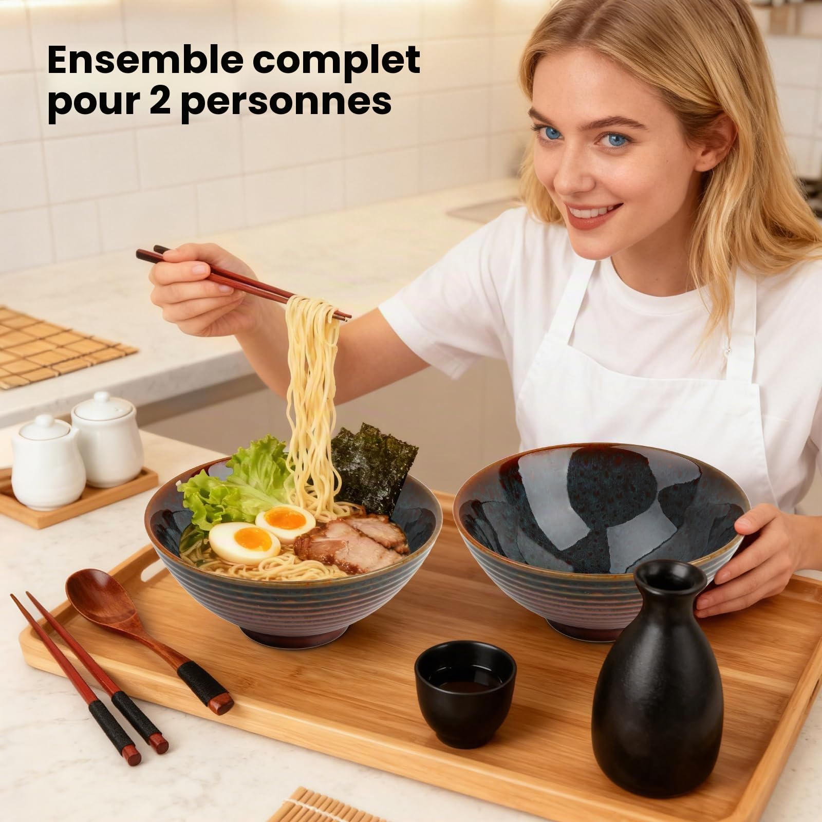 GEEKHOM Ramen Lot de 2 bols à ramen japonais en céramique de 1200 ml avec baguettes et cuillères en bois – Grand, micro-ondes et lave-vaisselle pour pâtes, soupe, pho, salade