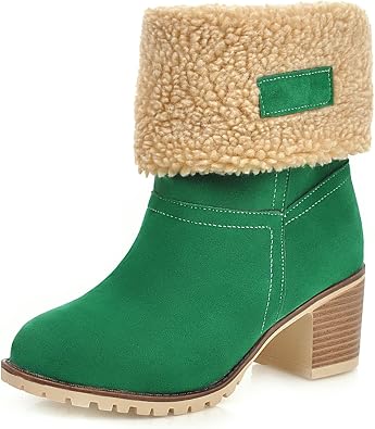 Bellirala Womens Winter Warm Snow Boots Fold Over Fur Ankle Boots Chunky Block Heels Mid-Calf Boots Platform Furry Short Boots