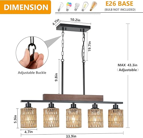 Miniatura 10 de Iluminación de isla de cocina de granja, lámpara de comedor de 5 luces, lámpara lineal de granja con madera maciza para comedor, cocina, bar, mesa