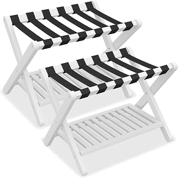 Heybly Luggage Rack for Guest Room,Set of 2, Bamboo Folding Luggage Stand & Suitcase Holder, 5 Heavy-Duty Straps,Holds up to 165 Lbs, Heavy Duty Luggage Rack for Bedroom Hotel, White, HLR013W2