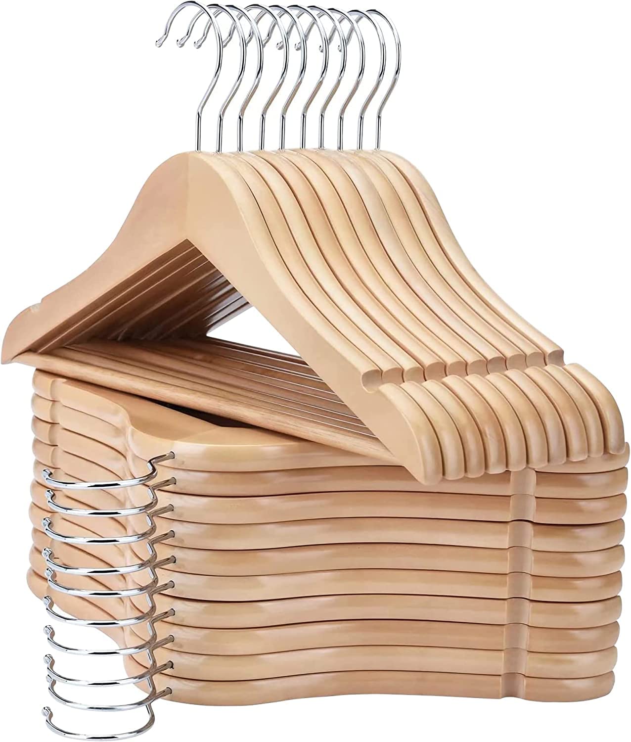 Homeshopa 5 Pack Natural Smooth Finish Wooden Coat Hangers, 360° Swivel Hook, Non Slip Trouser Bar & Shoulder Notches, Wardrobe Space Saving Hangers for Jacket, Suit, Camisole, Pant