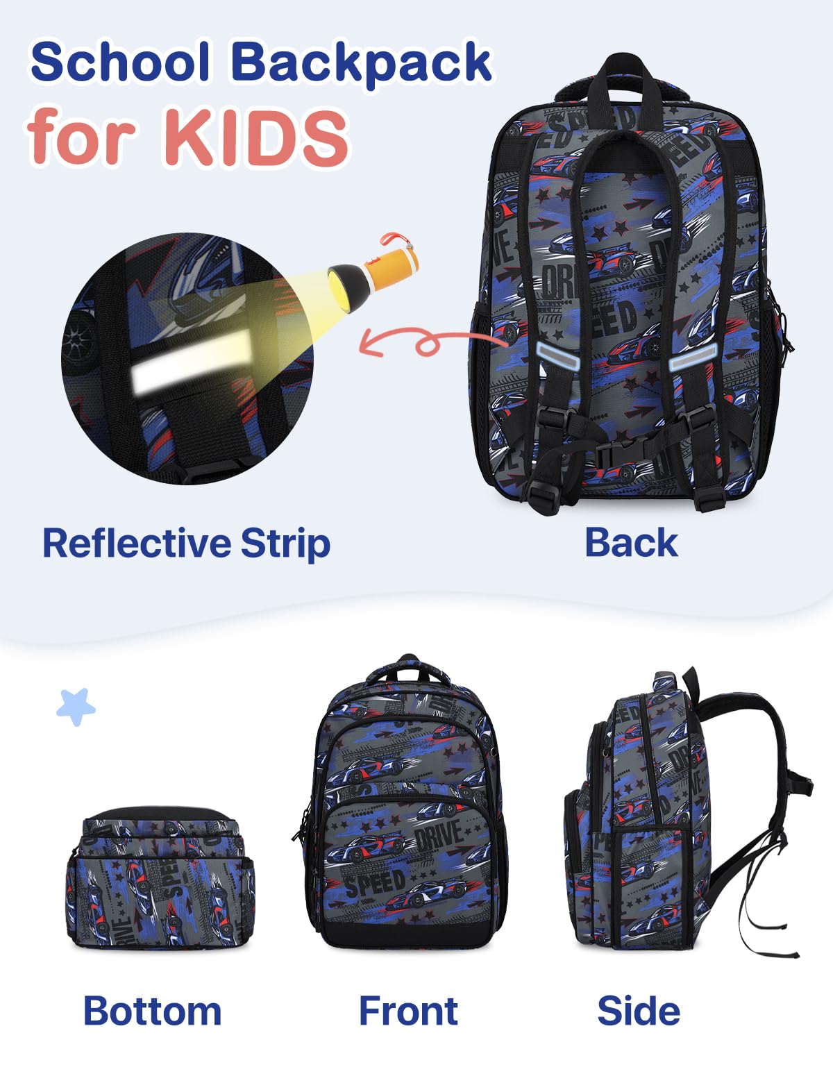 Sac à Dos Enfant, VASCHY 15,6 Pouces Grand Cartable Fille Garcon Primaire 6-10 Ans Plusieurs Compartiments Sac d'École avec Sangle de Poitrine et Bande Réfléchissante pour Scolaire Voyage Randonnée