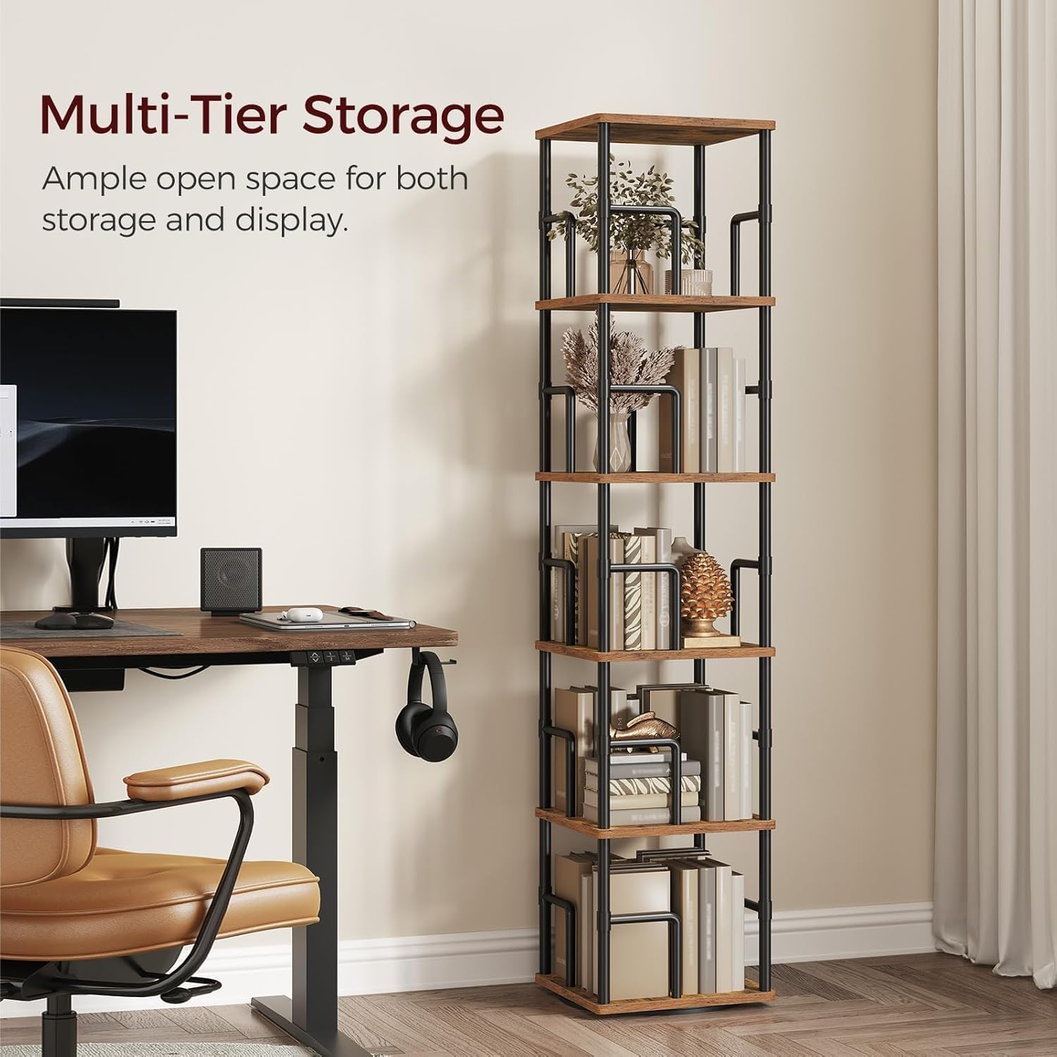 MAHANCRIS Bücherregal mit 5 Ebenen, Drehregal Regal mit Buchstützen, 30 x 30 x 158,7 cm, Standregal für Kleine Räume, Industrie-Design, für Wohnzimmer, Schlafzimmer, Braun und Schwarz ABKHR1601