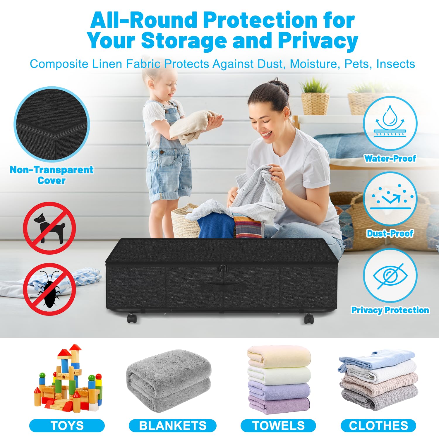 Contenitori portaoggetti da 50 l XL, robusti, con ruote, confezione da 2 contenitori arrotolabili sotto il letto, cassetti con supporto inferiore in metallo, contenitori per camera da letto con