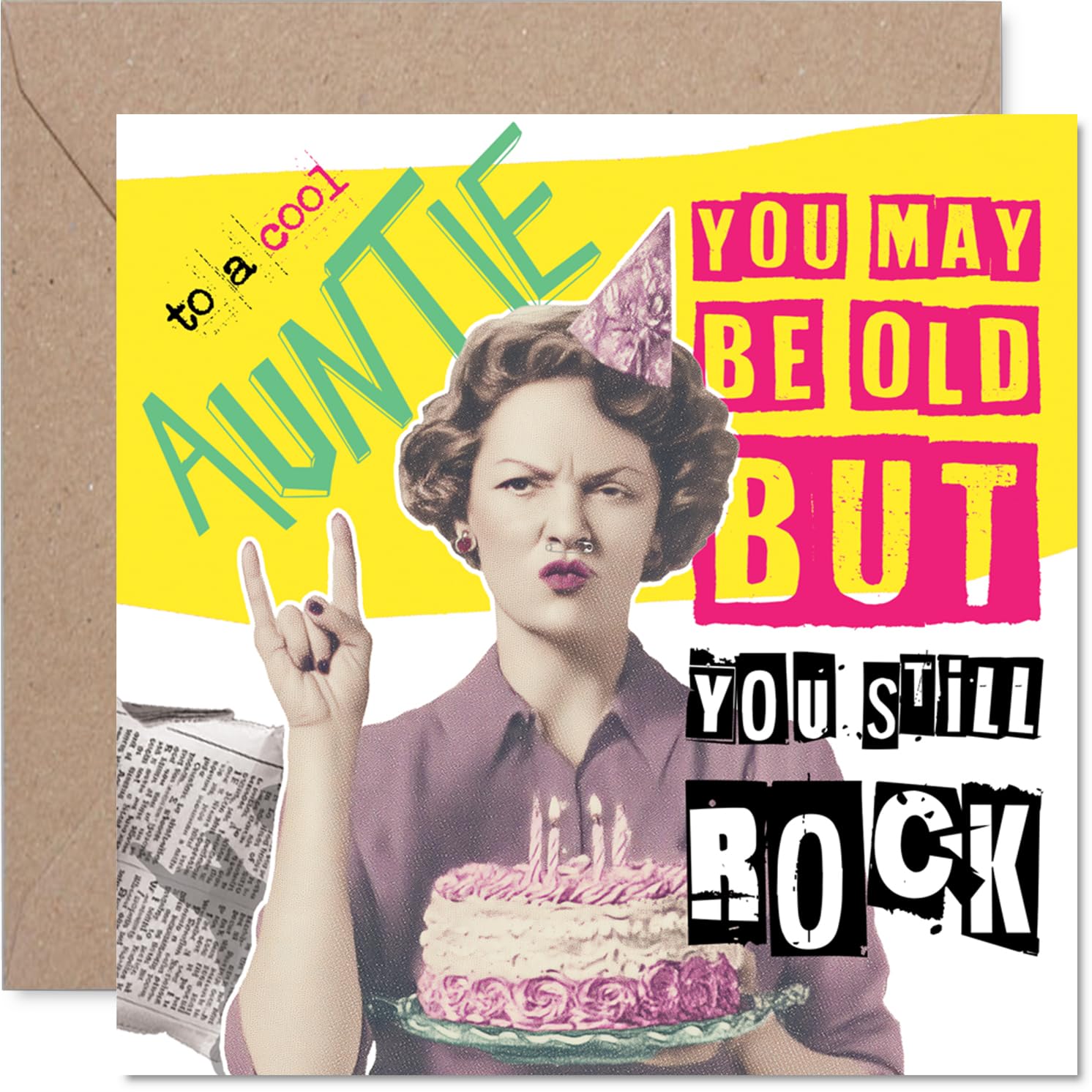 Cheeky Birthday Card for Auntie - Old but Still a Rock Star - Vintage-style Auntie with Cake Illustration - Packed with Playful Birthday Banter - 145mm Square, Envelope Included
