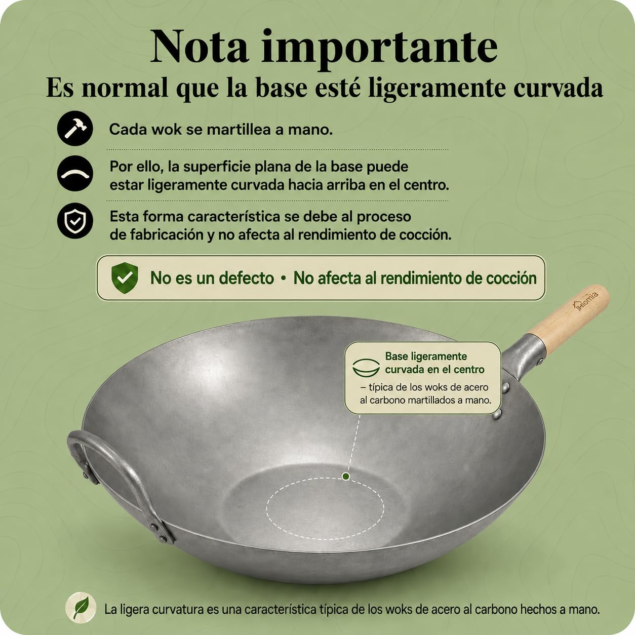 Homira Wok de Acero al Carbono de 36 cm, Martillado a Mano, Fondo Plano y Mango de Madera – Sartén Wok Tradicional sin PFAS para Inducción, Gas, Vitrocerámica, Barbacoa y Exterior (Fondo Plano)