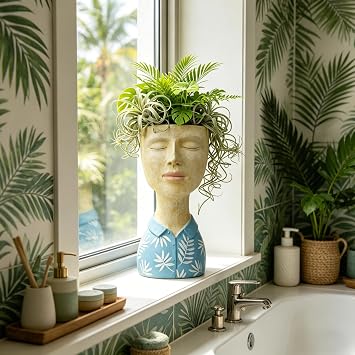DiliComing Cute Plant Pots Head Planter - Planters for Indoor Plants Resin Male Bust Outdoor Planter Blue Macetas para Plantas Interior Face Planters Pots Head Large Face Planter 5 * 6 * 10.5Inch