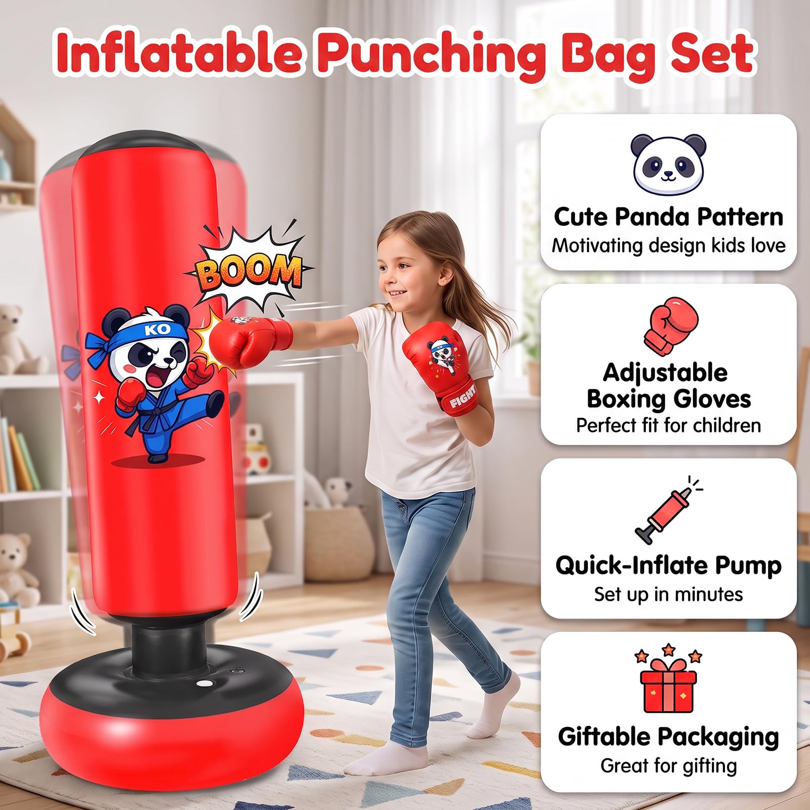 Ninonly Sacco da Boxe 130cm con Guanti e Pompa per Bambini 3-8 Anni | Sacco da Boxe da Terra Gonfiabile, Punchball per Karate MMA Taekwondo, Gioco Fitness per Allenamento a Casa, Design Panda
