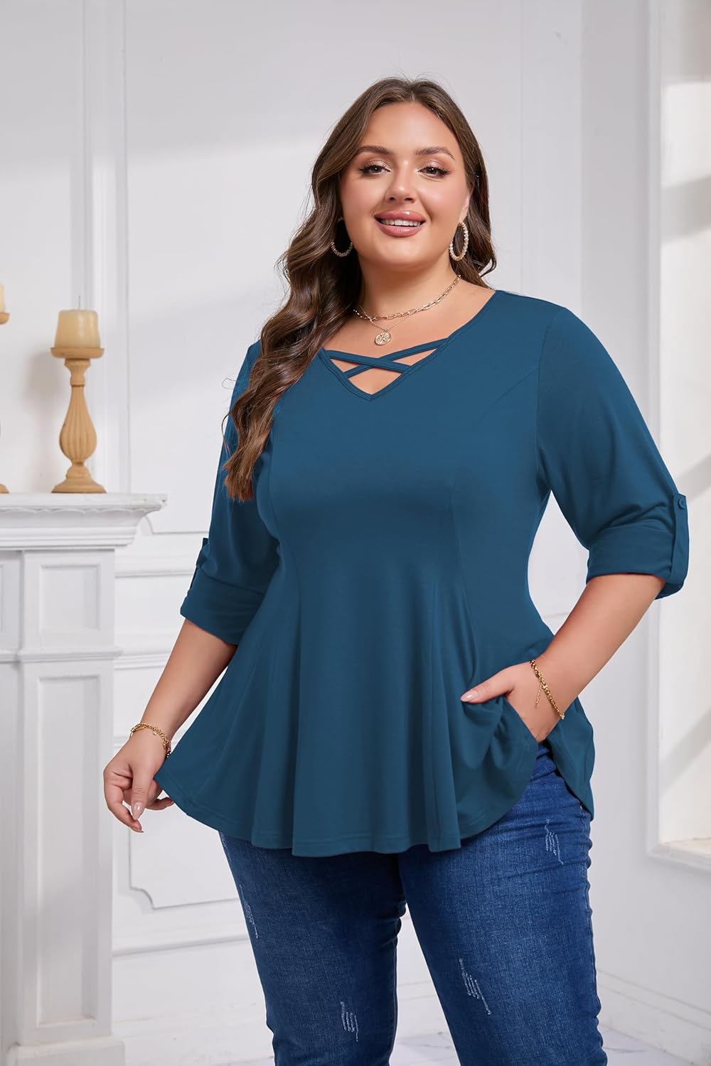 AMCLOS Womens Plus Size Tops 3/4 Roll up Sleeve Tunic V Neck Crossover T-Shirts Casual Flowy Pleated Blouses Summer 2025 - Image 2