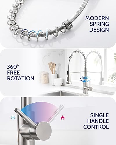 Miniatura 6 de LUFEIDRA Grifo de cocina con rociador desplegable níquel cepillado de arco alto de una sola manija, un agujero, acero inoxidable, grifos de