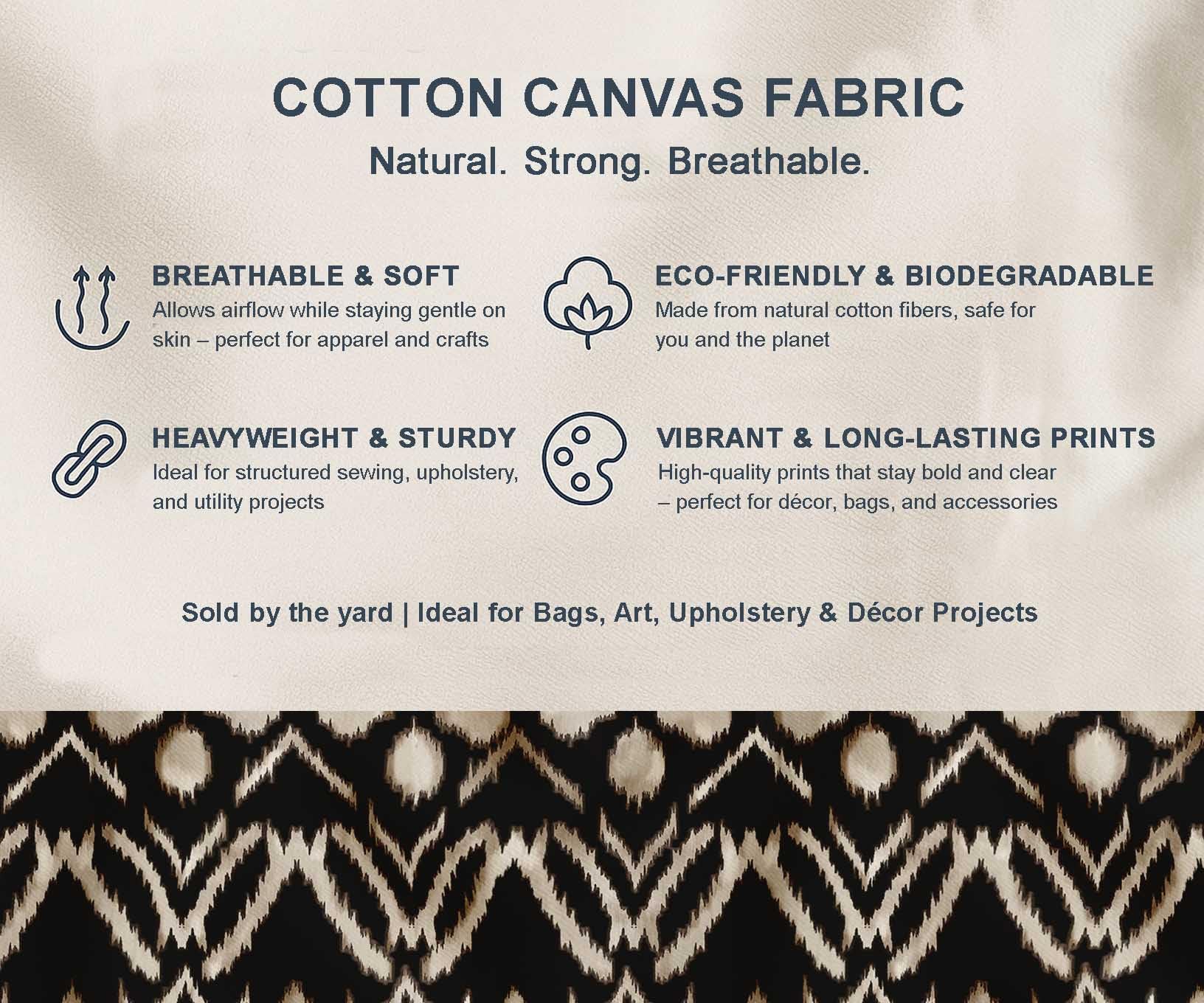 Soimoi Toile de coton imprimée | Ikat Design - Noir | 142 cm de large | Vendu au mètre | Tissu d'ameublement et de loisirs créatifs très résistant