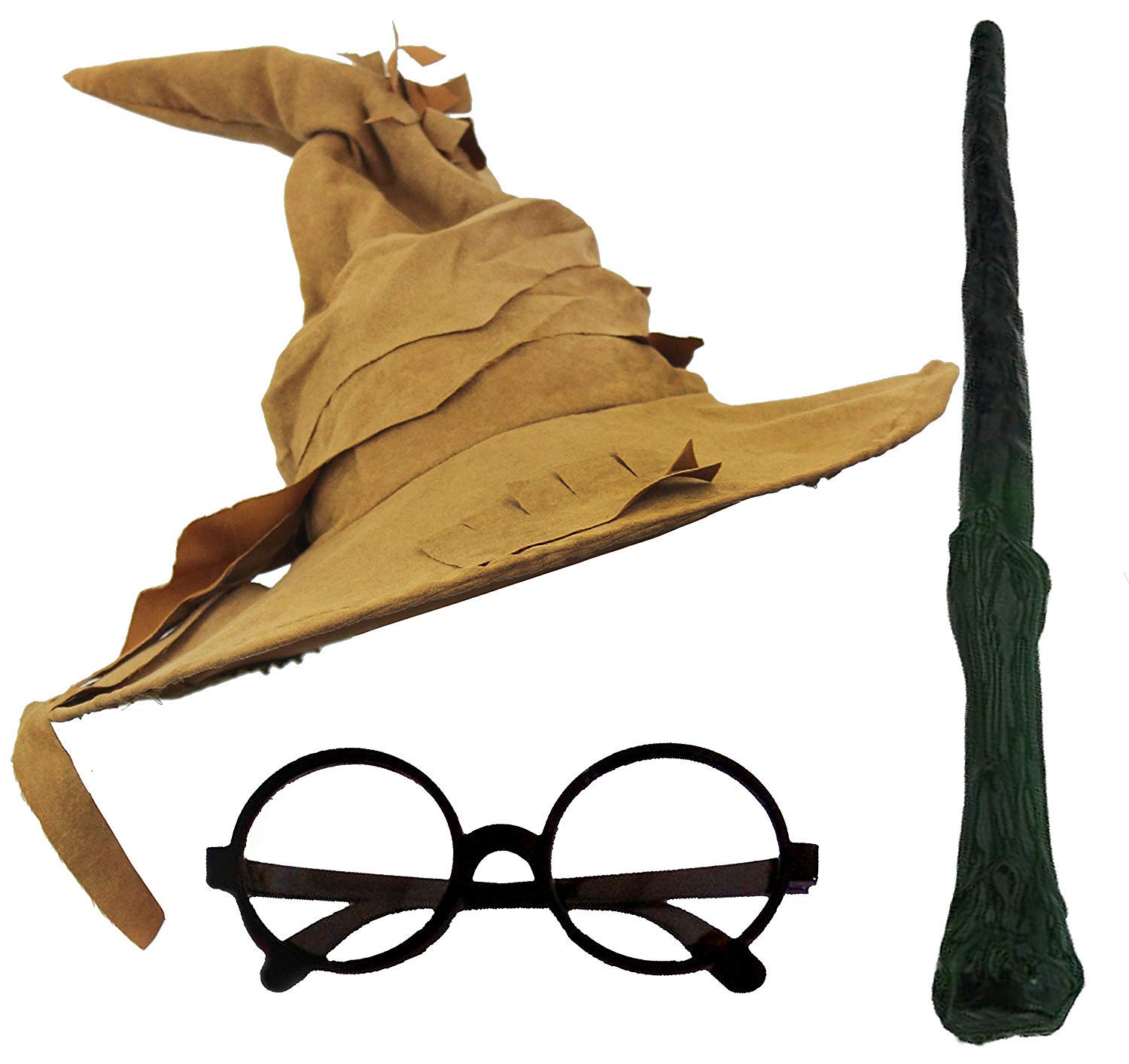 Adults Wizard Fancy Dress Costume Accessory Set - Wizard Hat + Round Black Glasses + Branch Style Wizard'S Wand - Fancy Dress Accessories For Book Week