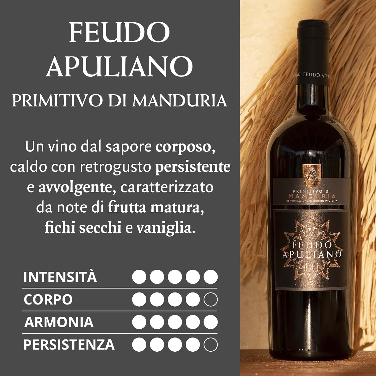 Feudo Apuliano Primitivo di Manduria DOP, Vino Rosso dal Gusto Corposo, Caldo con Retrogusto Persistente e Avvolgente, con Note di Frutta Matura, 15% Vol, Confezione con 6 Bottiglie da 750 ml