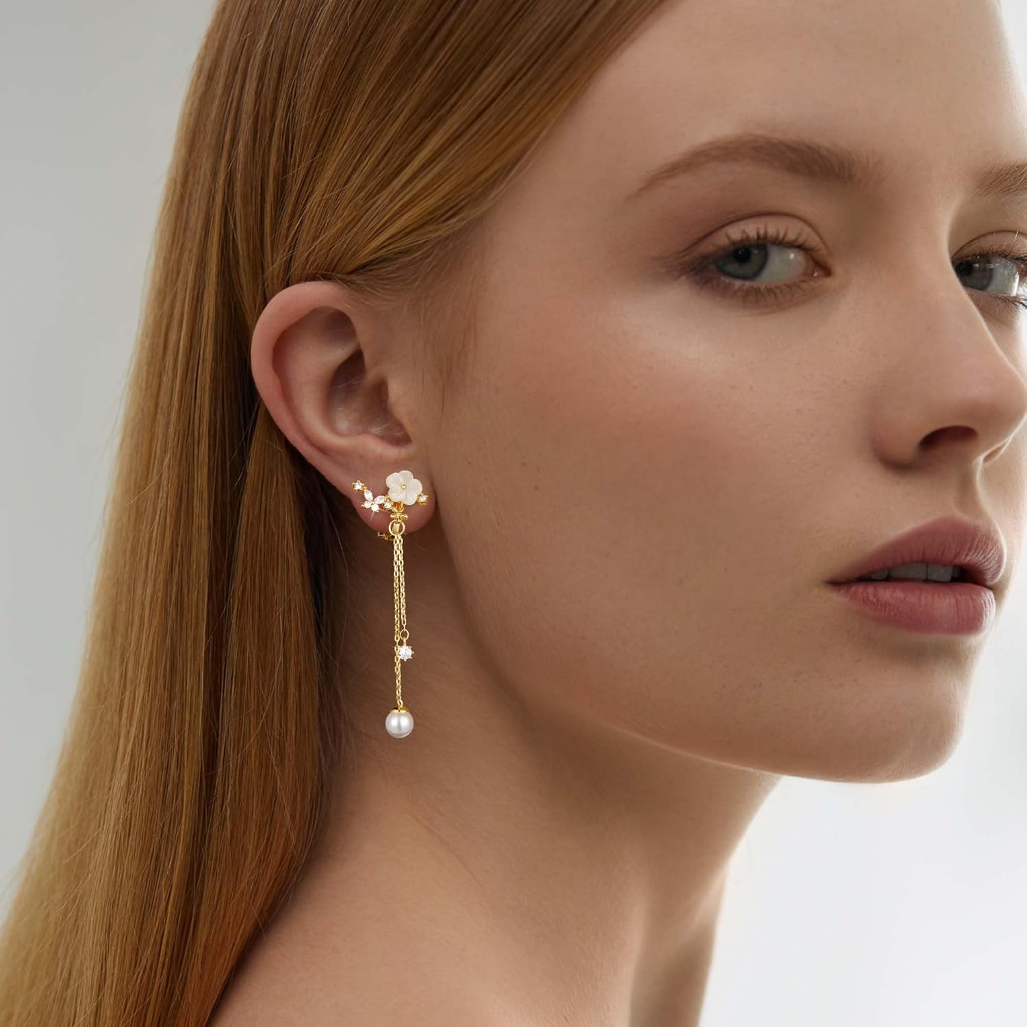 Clip on Earrings Dangle Pearl Drop Clip Earrings for Women Trendy Dangle Chain Dainty Flower Wedding Earrings for Brides 14K Gold Plated Statement Non Pierced Earrings for Women Sparkly Jewelry - Image 3