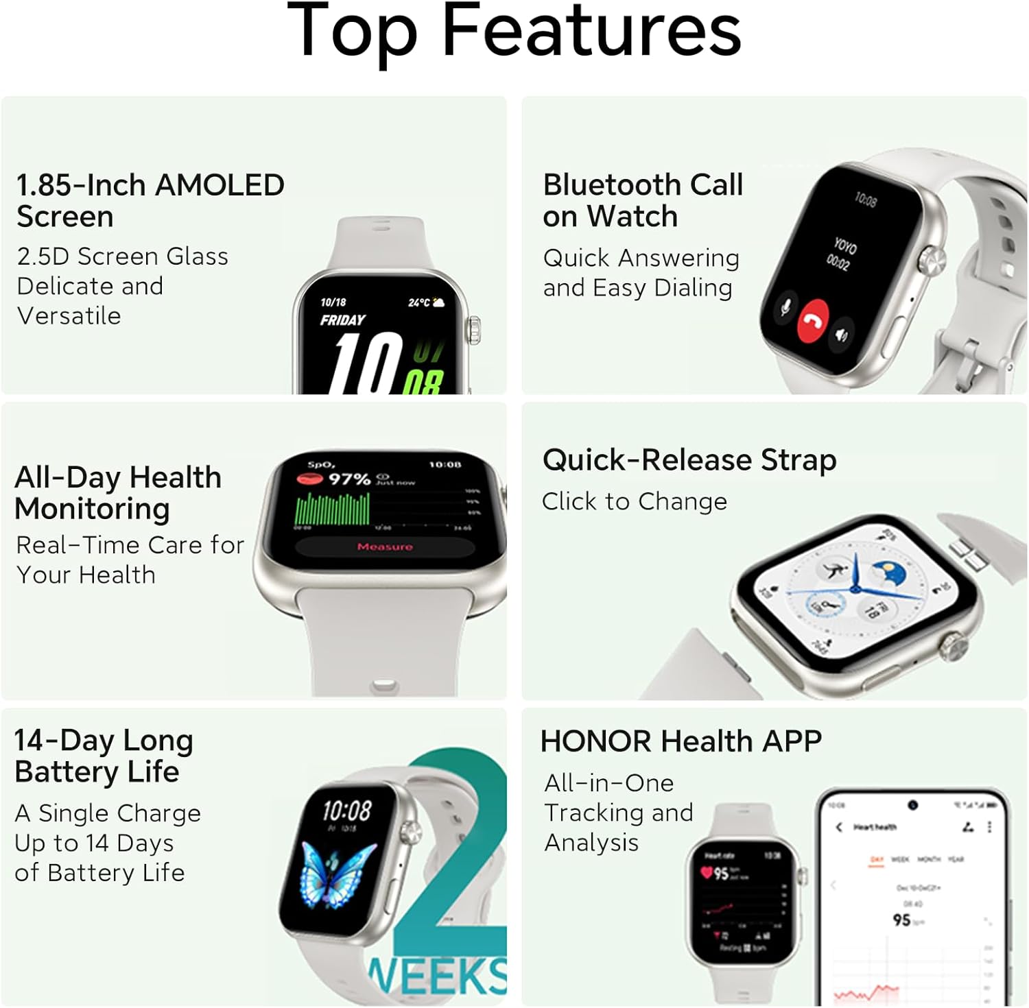Screenshots of the HONOR Health app interface on a smartphone, showing heart rate data, step count, and workout courses.