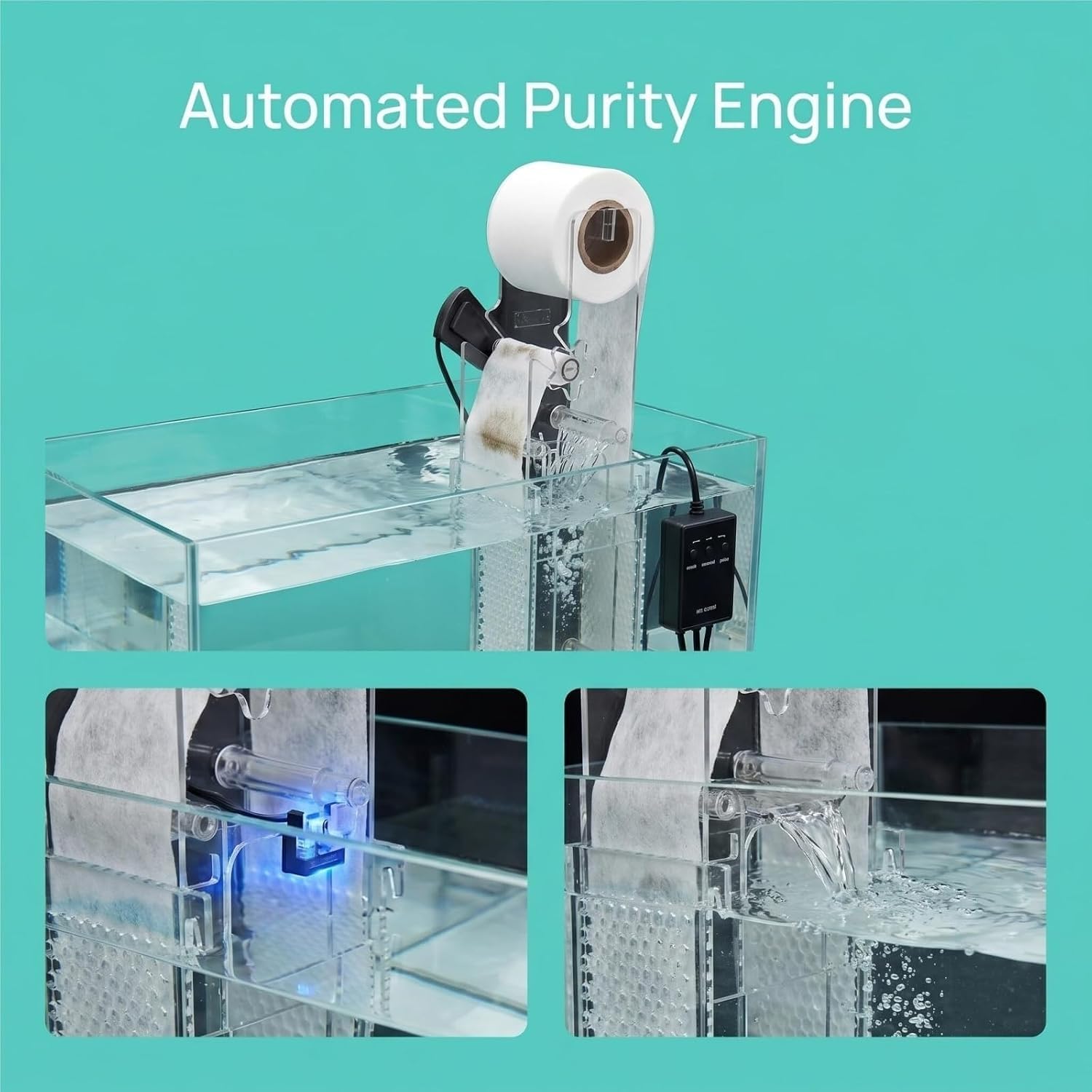 Filtro Automático para Acuario, Filtro De Rodillos De Vellón con Separación En Seco/húmedo, 2 Modos De Funcionamiento, con Sensor De Nivel De Agua, para Acuarios De Agua Salada De hasta 40 L,