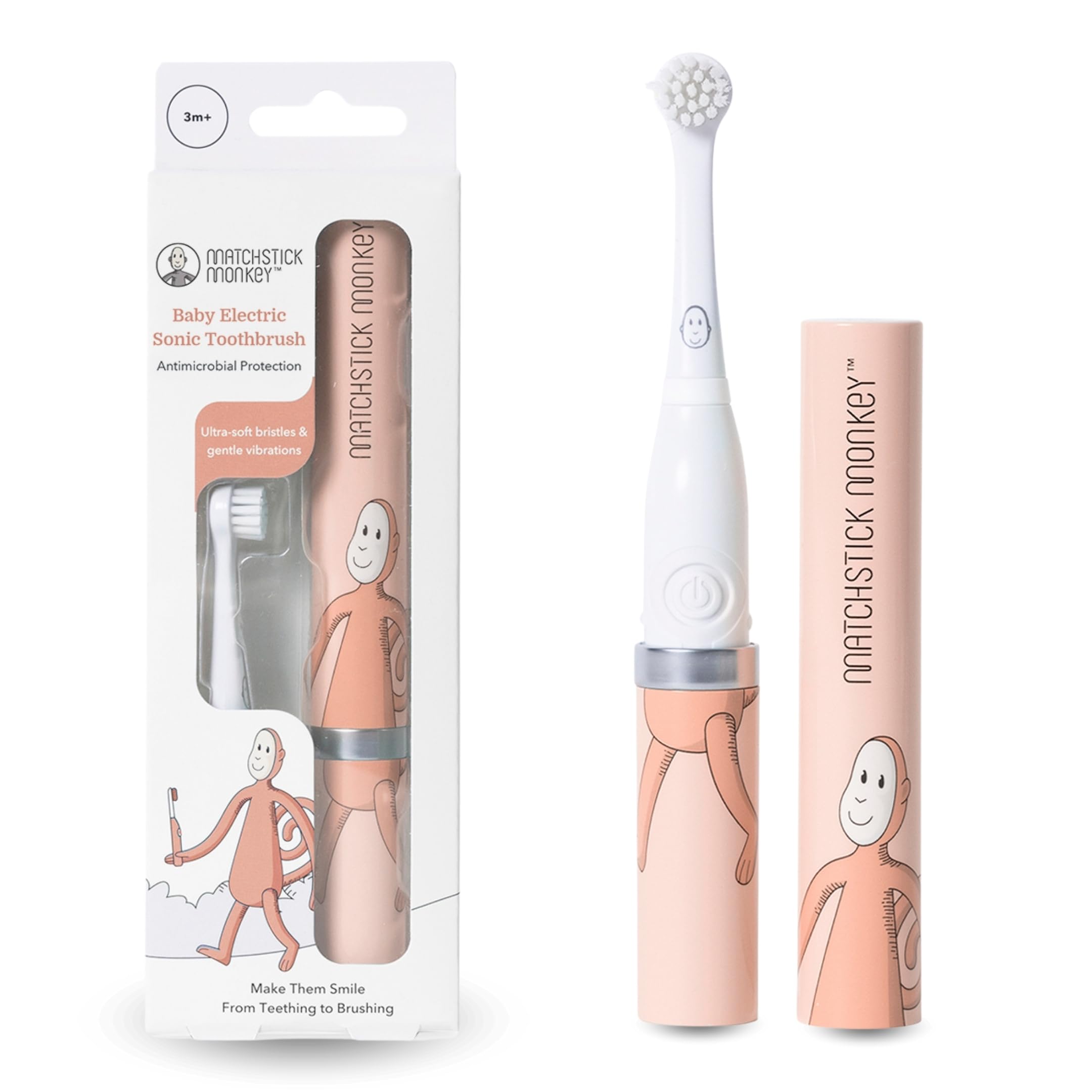 Matchstick Monkey Baby Electric Sonic Toothbrush, Antimicrobial Protection, Suitable from 3 Months, Dusty Pink