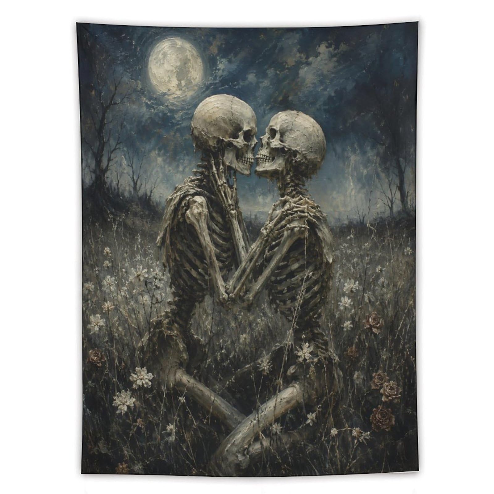 W7C8U2X3 Skeleton Couple Moonlit Field Wall Tapestry, Memento Mori