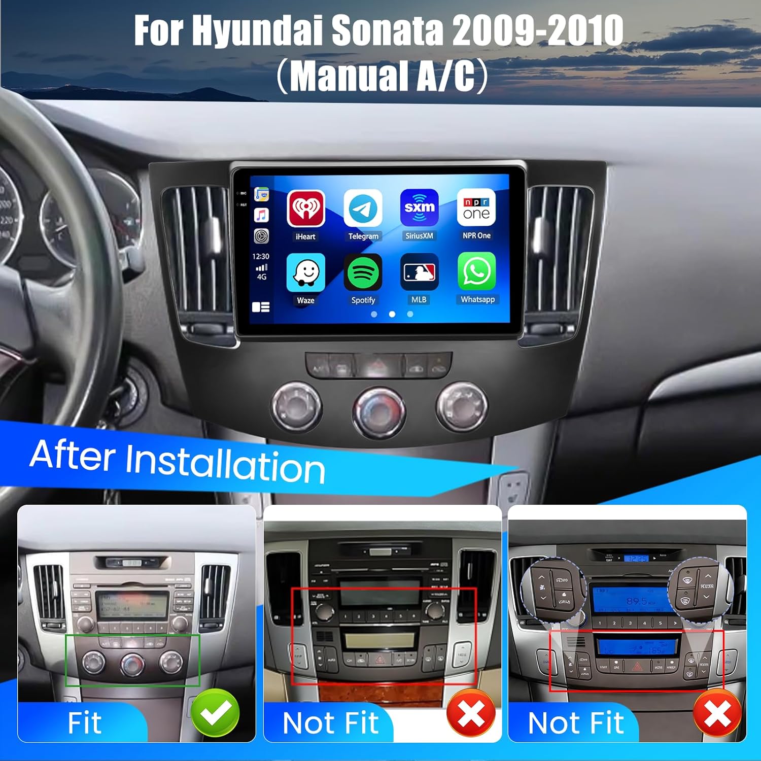 Hikity 4+64G Android 15 Car Stereo for Hyundai Sonata 2009-2010 (Manual A/C), 9” Touchscreen Radio with CarPlay, Android Auto, Bluetooth, GPS Navigation, WiFi, DSP, FM, RDS + AHD Backup Camera