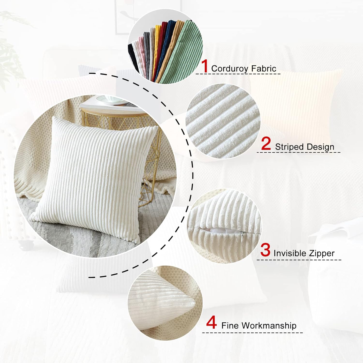 OTOSTAR Set of 4 Cream White Soft Striped Corduroy Decorative Throw Pillow Covers 18x18 Inch Square Pillowcases for Sofa Car Patio Bedroom Living Room Home Decor Cushion Covers 45x45cm - Image 2