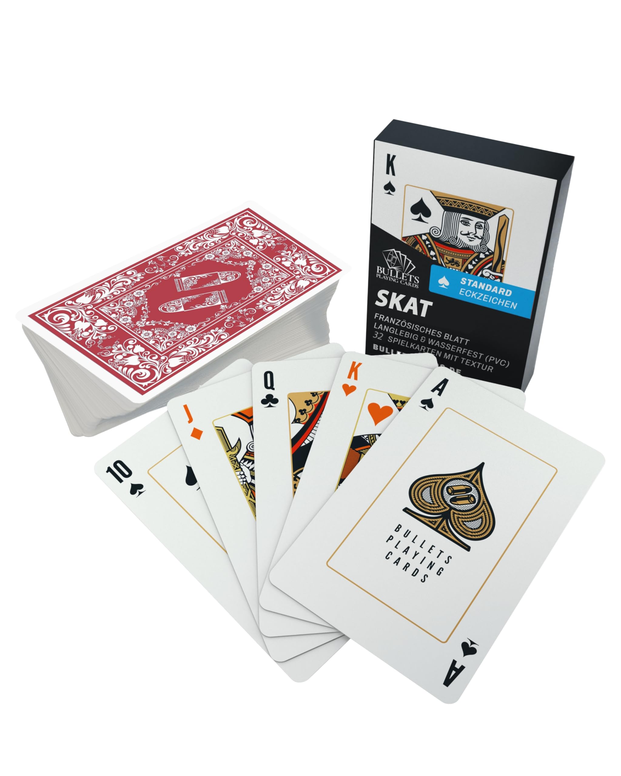 Bullets Playing Cards, Skat Card Deck (French Leaf), Plastic, 2 Corner Signs, Standard Index, 57 x 88 mm, Red-and-black