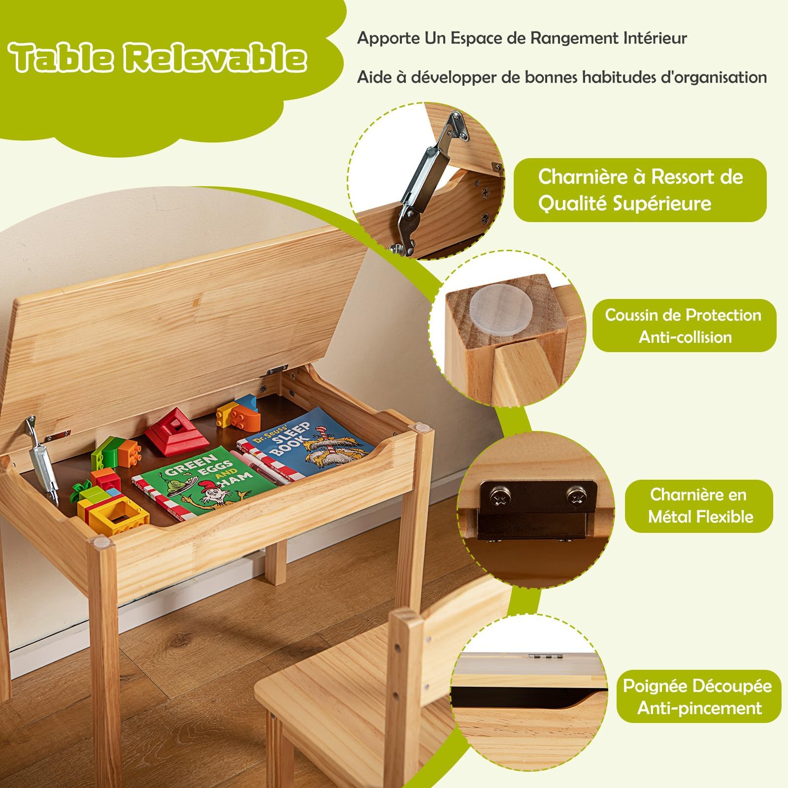 GOPLUS Bureau Enfant avec Chaise en Bois de Pin, Table à Dessin avec Rouleau Papier, Bureau d'Écriture avec Rangement, Charge 50kg, Naturel