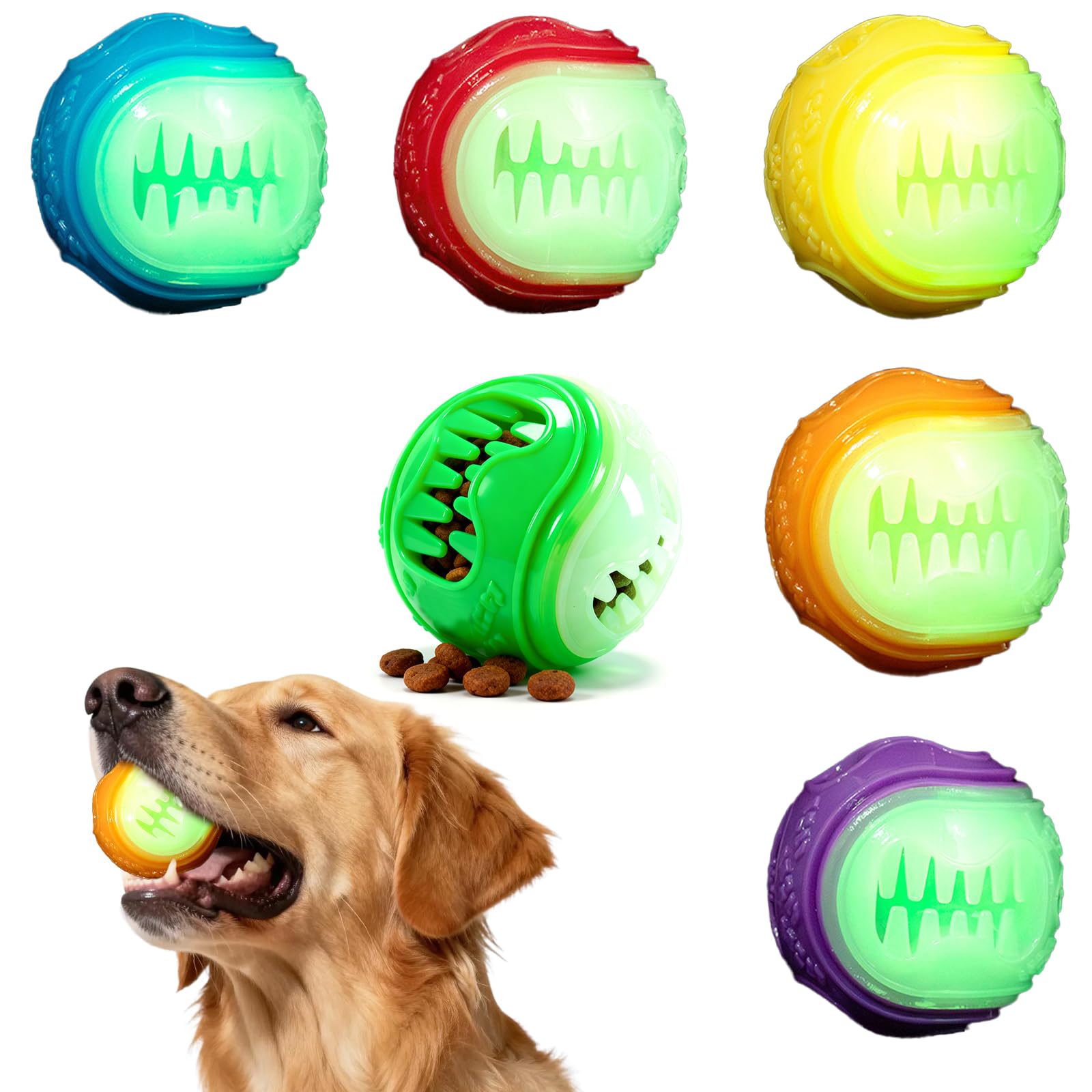 Upgwmwap 6 Pcs Squeaky Dog Balls, Hollow Design for Stuffing Treats, Interactive Play Chew Toys for Dogs (Glow-in-the-Dark Version)