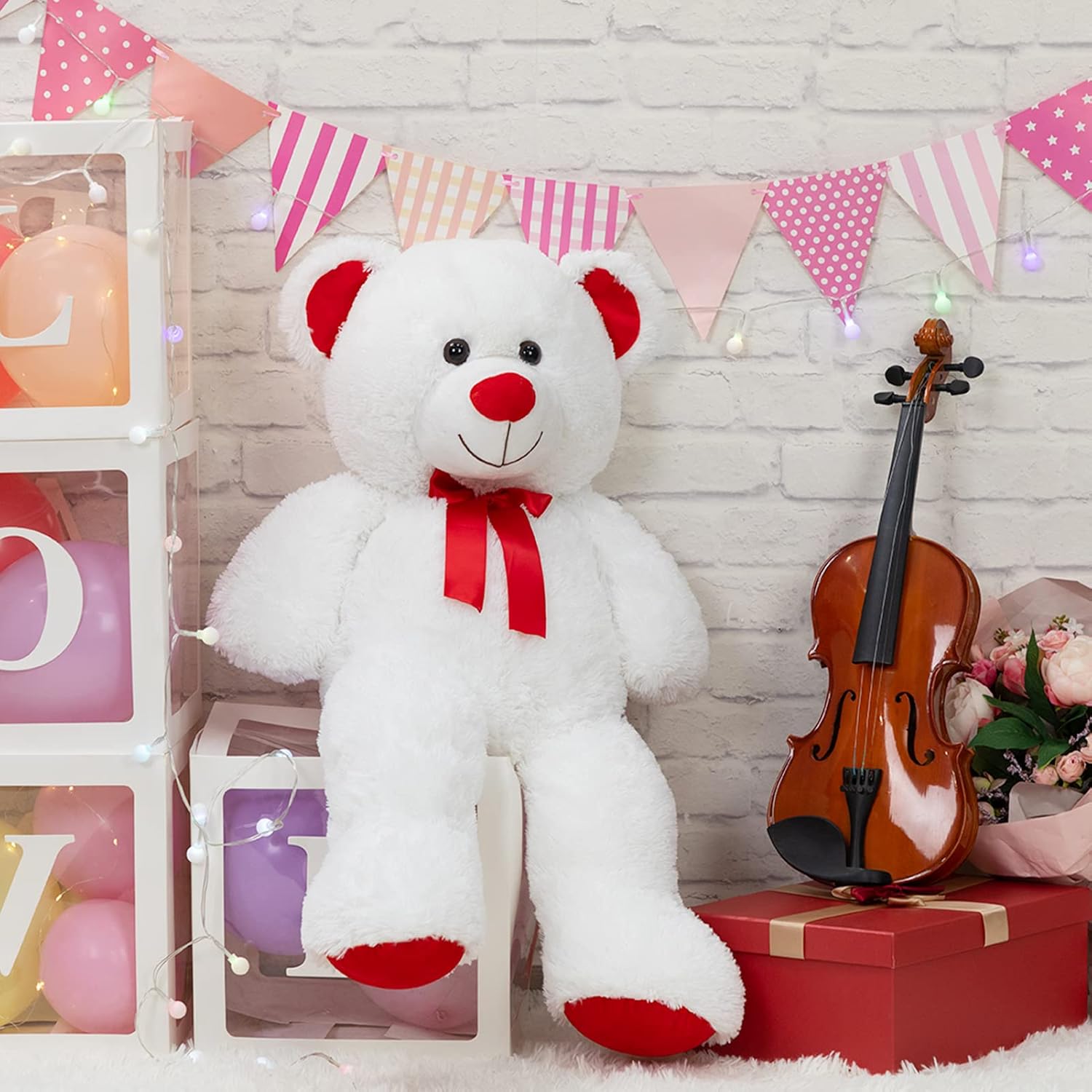 Huge Teddy Bear Stuffed Animal Giant Teddy Bear Plush with Red Ribbon Bow Plush Toy Gift for Girlfriend and Kids 36 inch White - Image 2