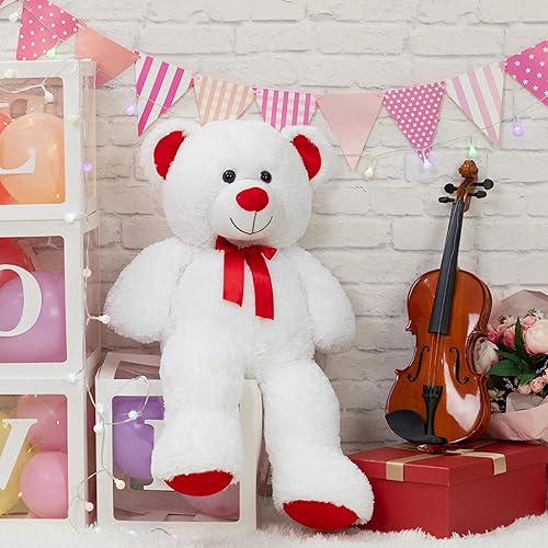 Miniatura 2 de WENMOTDY Oso de peluche gigante de peluche con lazo rojo de cinta para el día de San Valentín regalo para novia y niños 36 pulgadas blanco